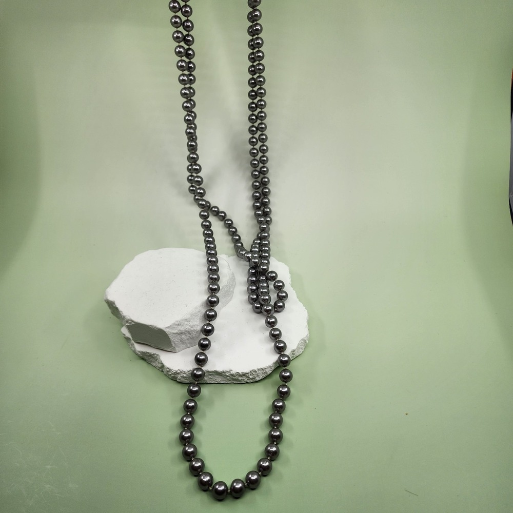 Vintage Gray Faux Pearl Double Strand Necklace Rhinestone Box Clasp Statement